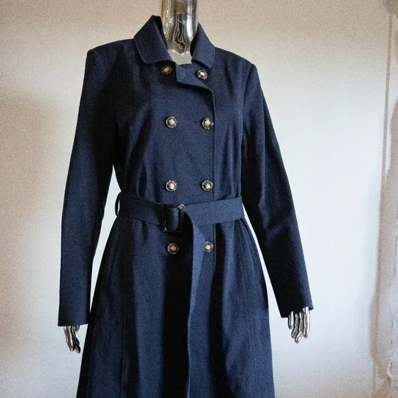 Navy Trench Coat With Grey Tortoiseshell Buttons Belted - Picture 4 of 6